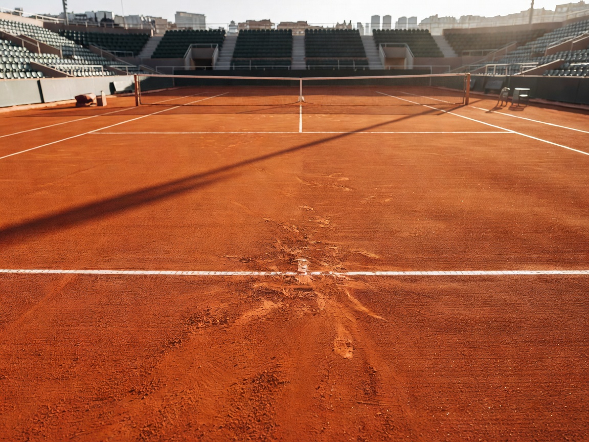 Clay tennis court baseline at Roland Garros tournament in Paris