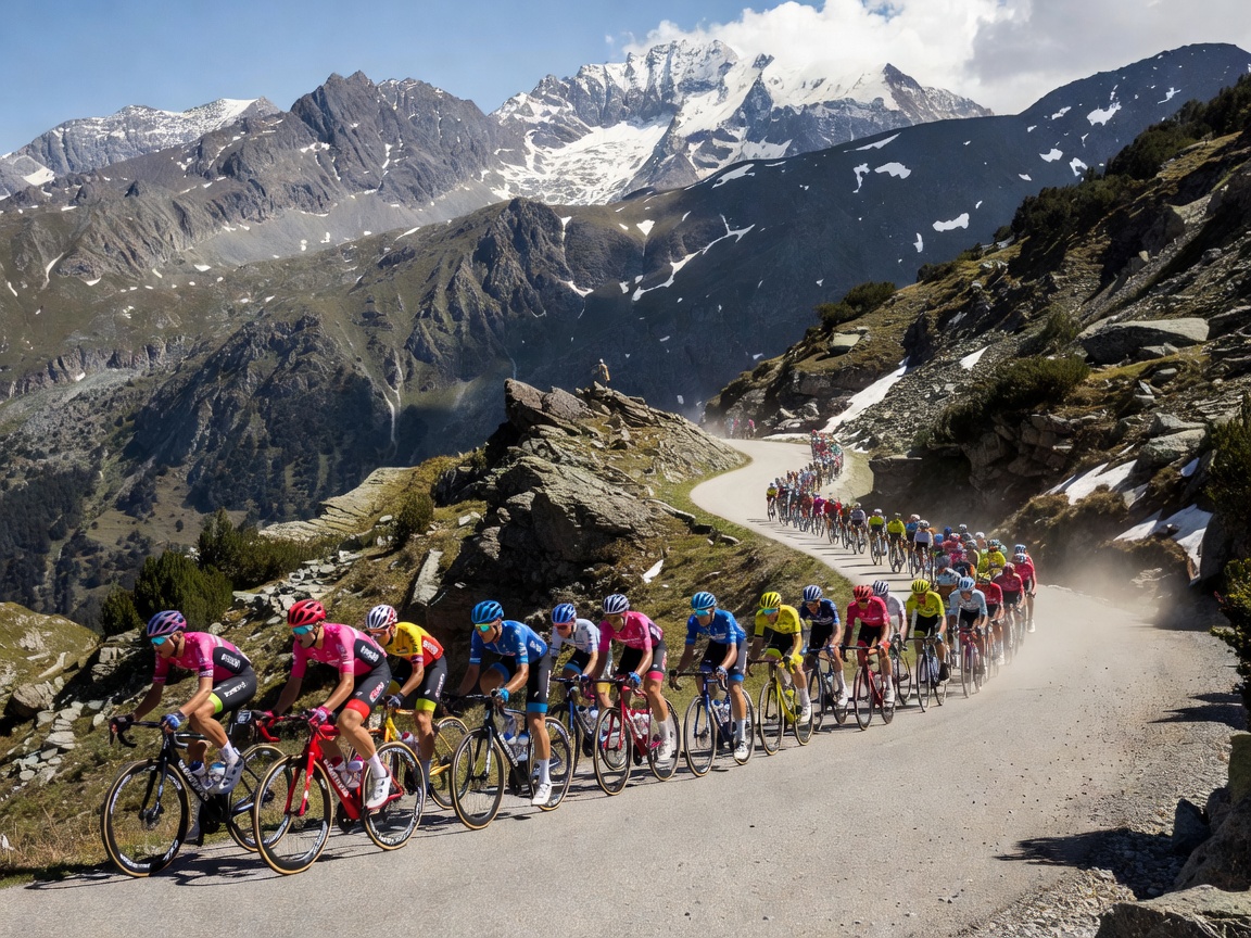 Cyclists speeding through Italian alpine passes in Giro d'Italia