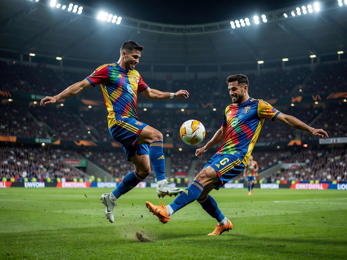 Football players competing for ball in UEFA Europa League tournament