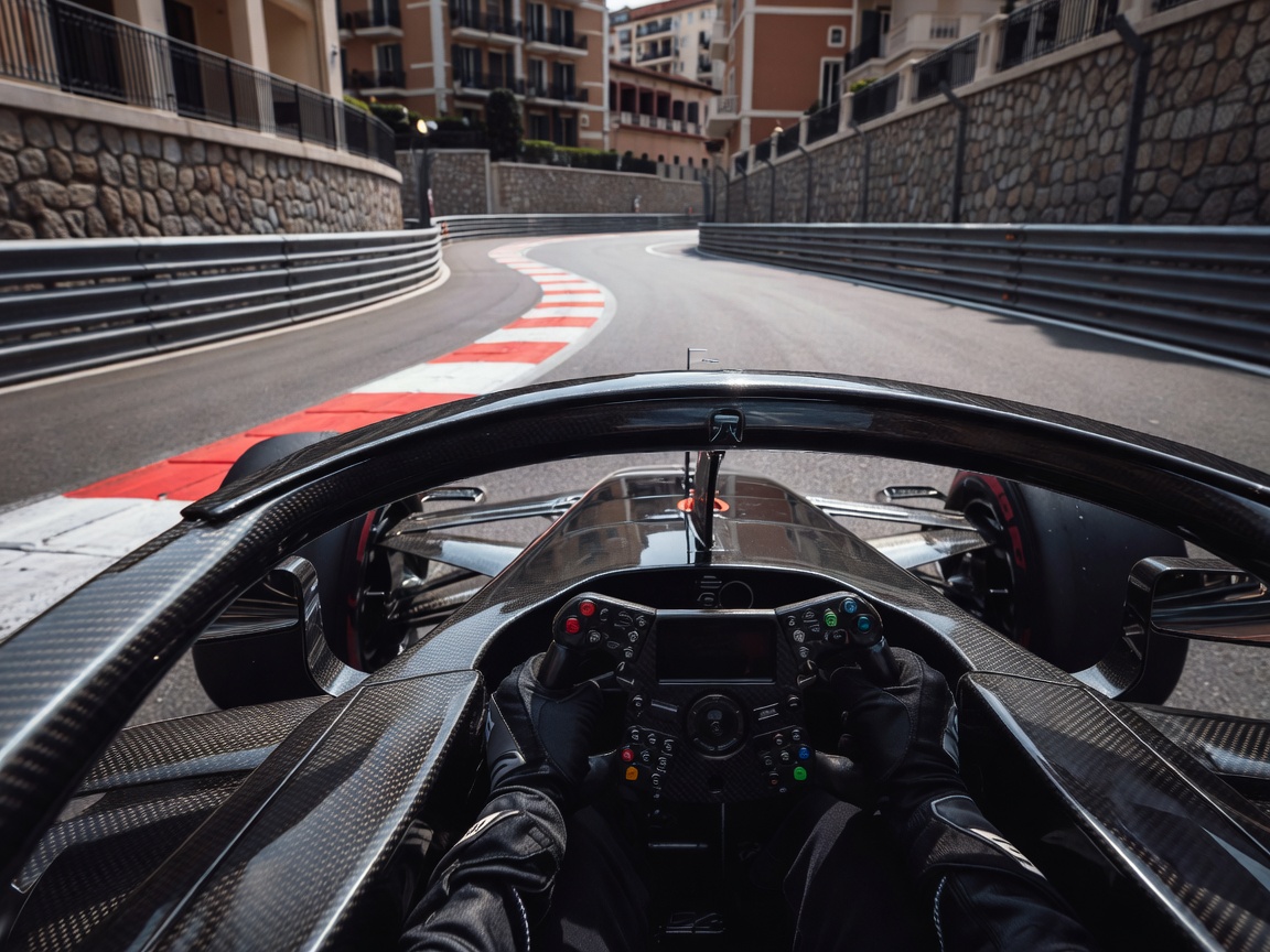 Formula One cockpit view through Monte Carlo street circuit hairpin