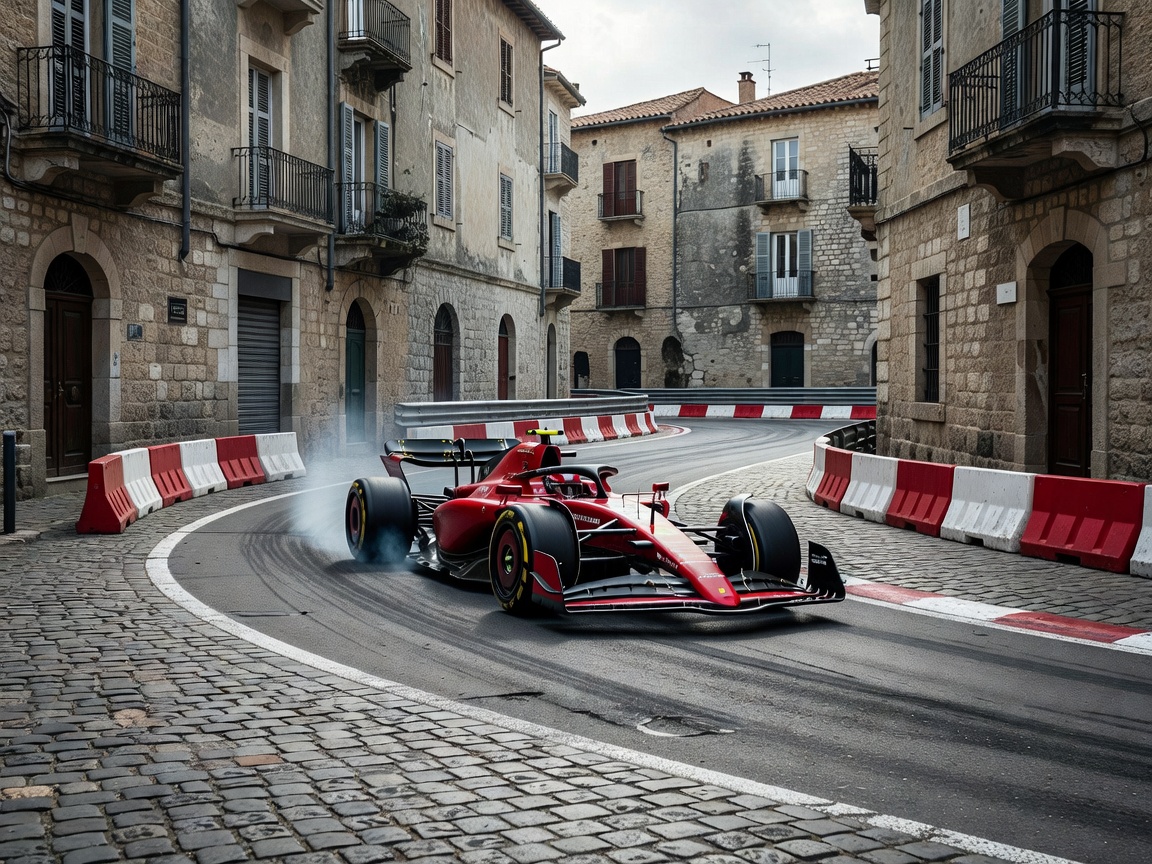 Formula One race car maneuvering tight European street circuit corner