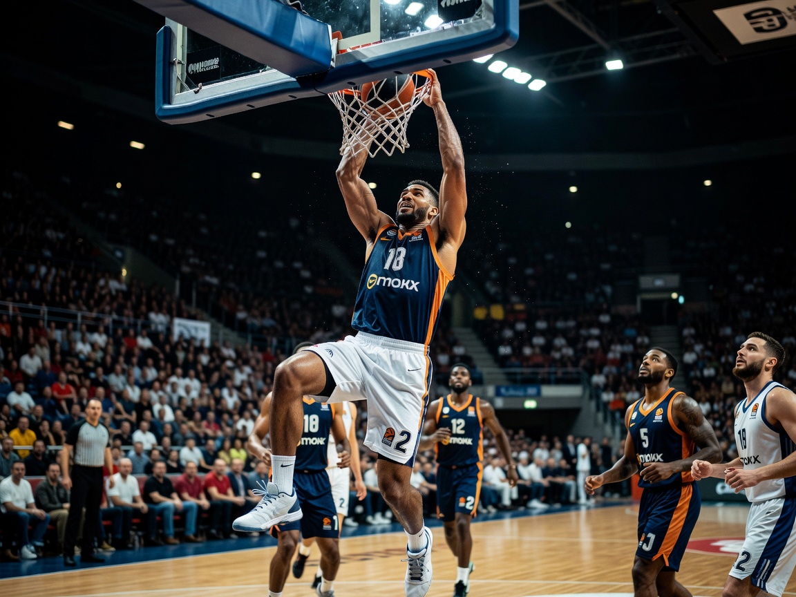 High action basketball dunk in EuroLeague championship match