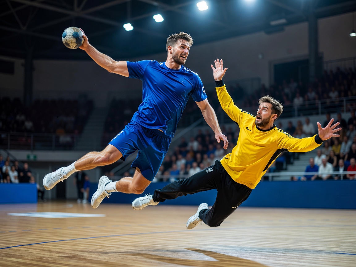 Indoor handball player jumping to shoot ball past goalkeeper