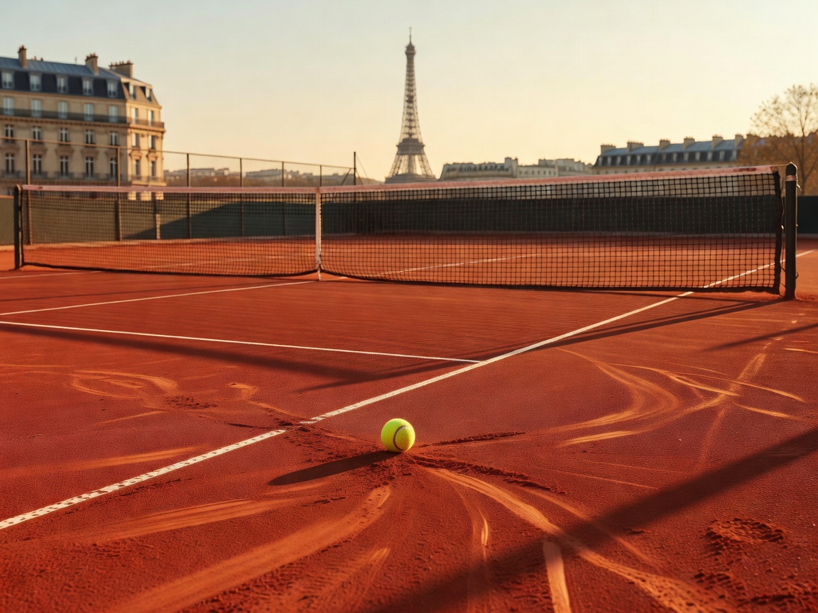 Red Clay Tennis Court with tennis ball and net in Paris