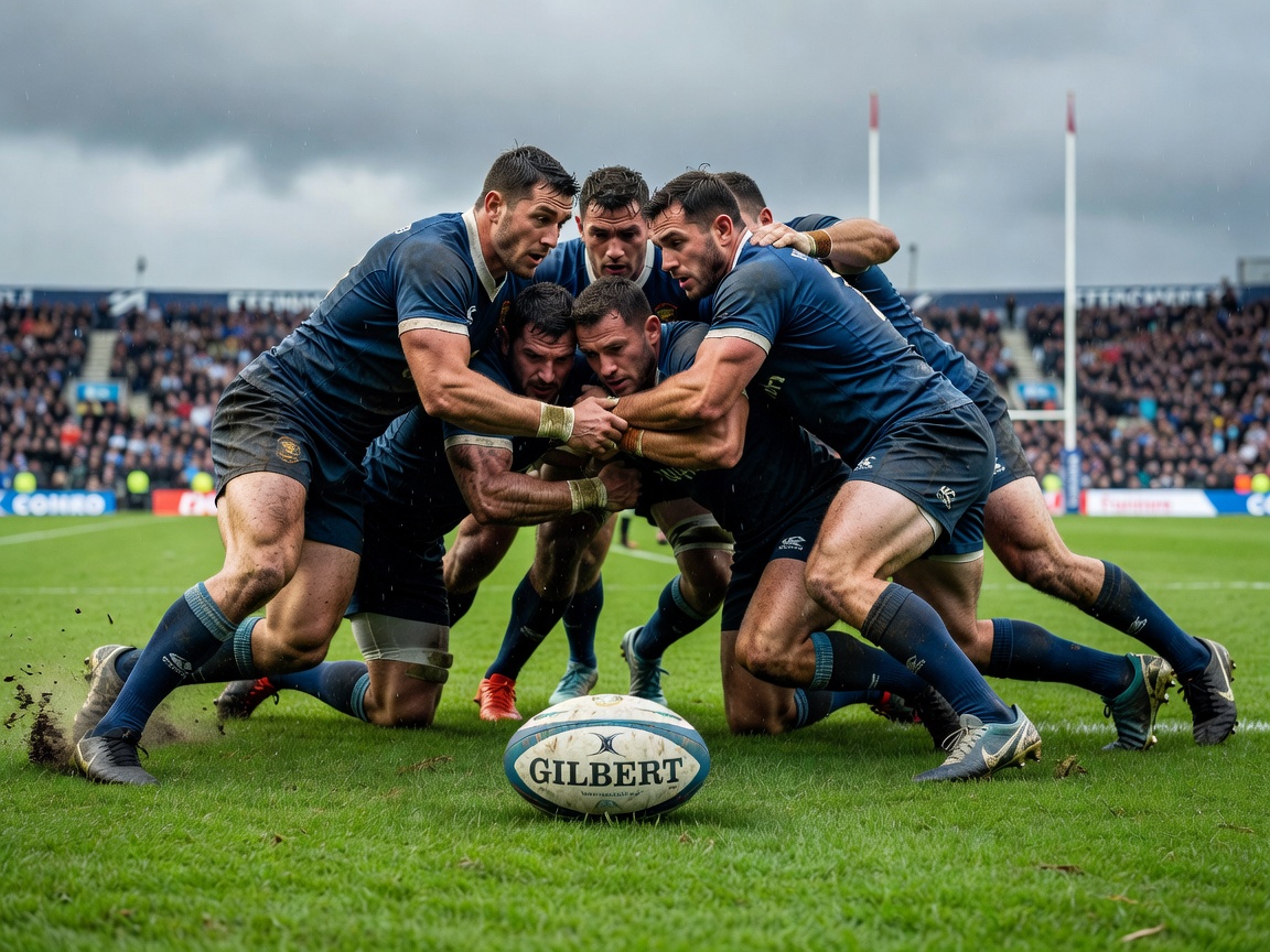 Rugby ball on grass pitch during high-stakes European tournament match