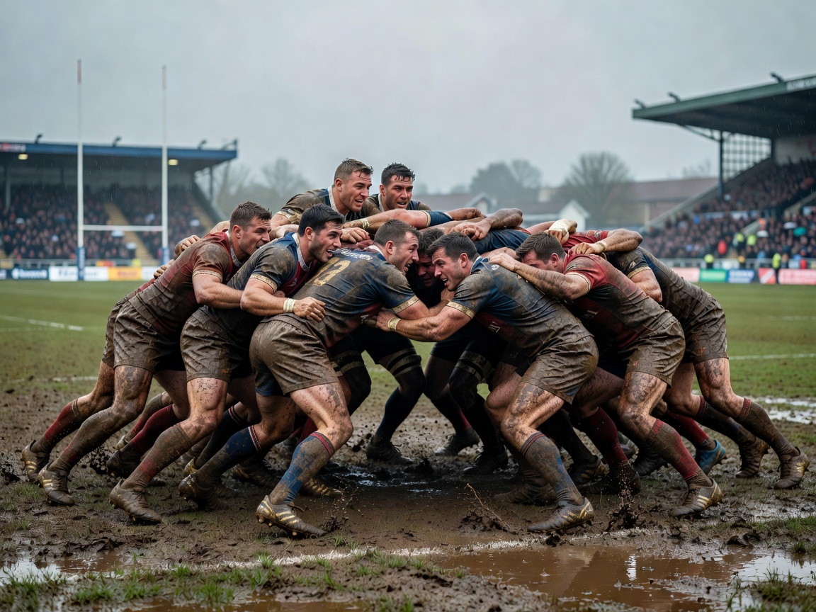 Rugby team scrum in muddy European stadium match