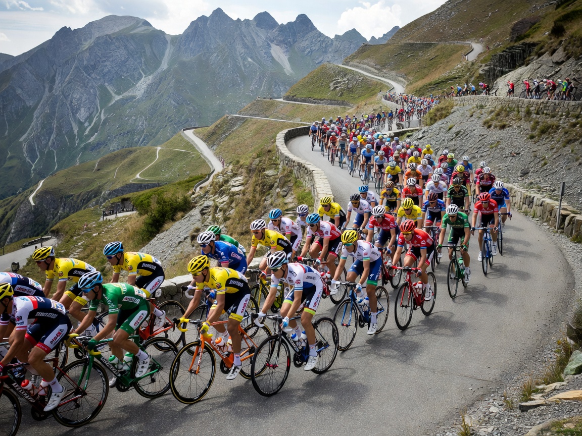 Tour de France peloton climbing steep French mountain pass