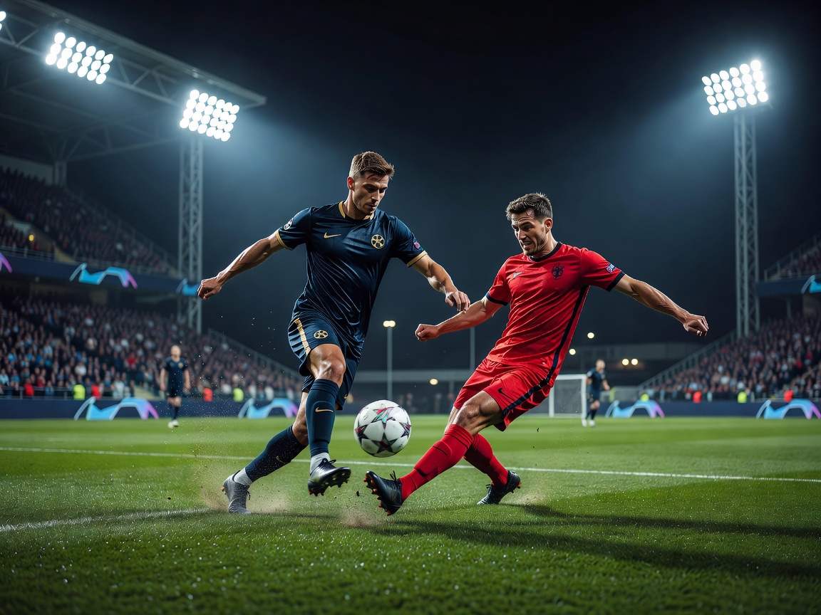 UEFA Champions League match action under floodlights